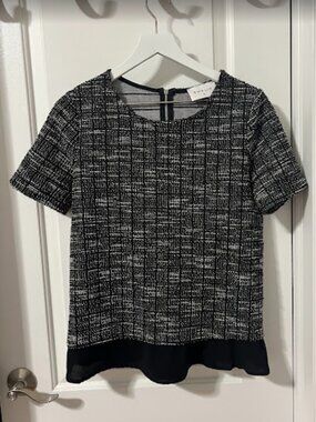 Emelia Chiffon Hem Tweed Checkered Top, Black/White - Size Medium